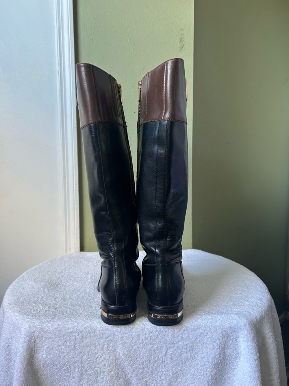 Michael Kors Black Leather Tall Boots with Brown Cuff and Gold MK - Picture 6 of 15